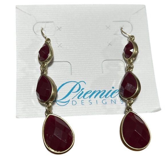 Premier Designs Gold-Tone Dark Red Teardrop Dangle Earrings - Picture 1 of 5